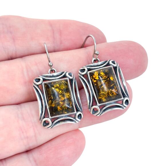 Vintage Poland Sterling Silver 925 3.5cm Rectangular Amber Drop Earrings - Picture 1 of 7
